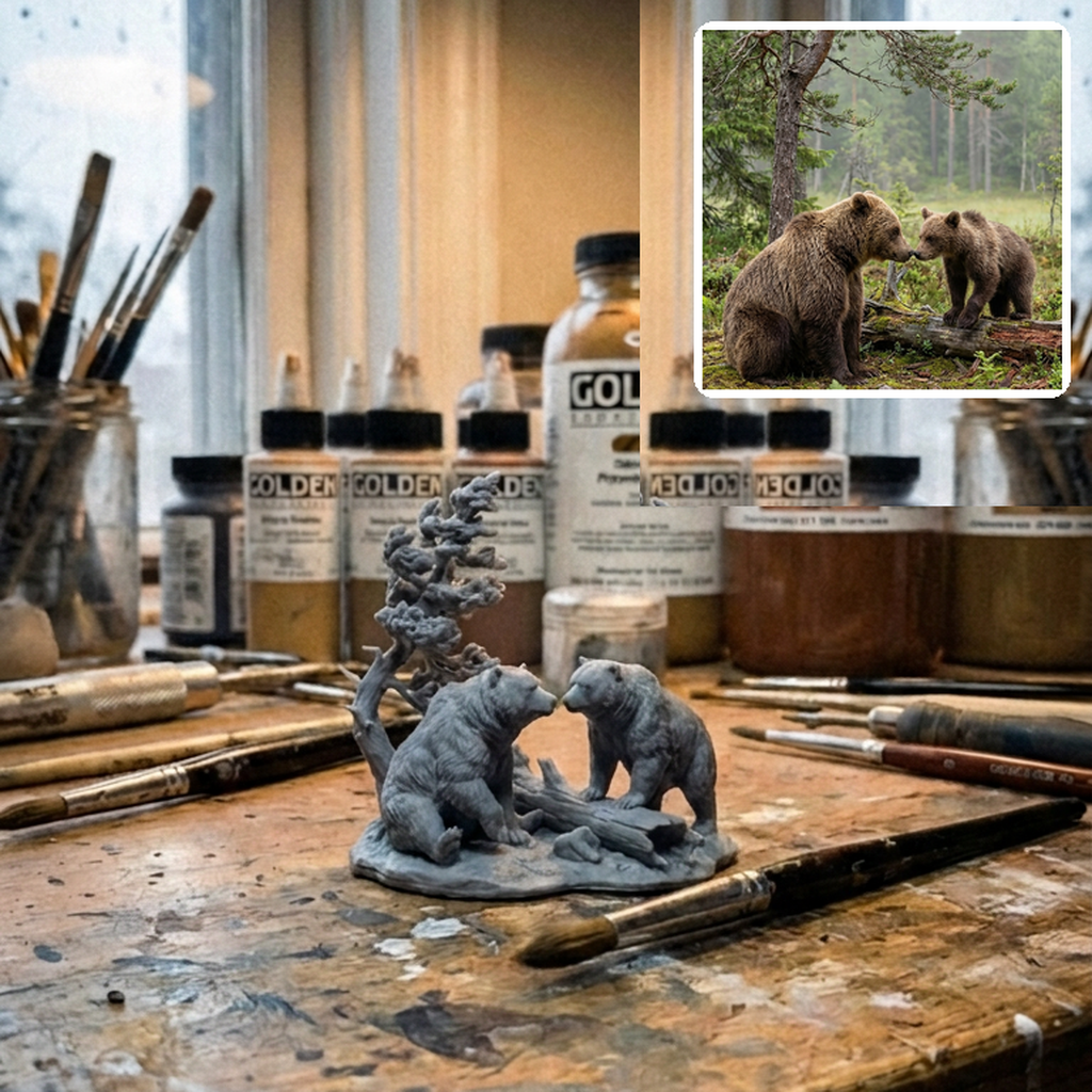 Statuetta degli orsi accanto alla foto originale del cliente