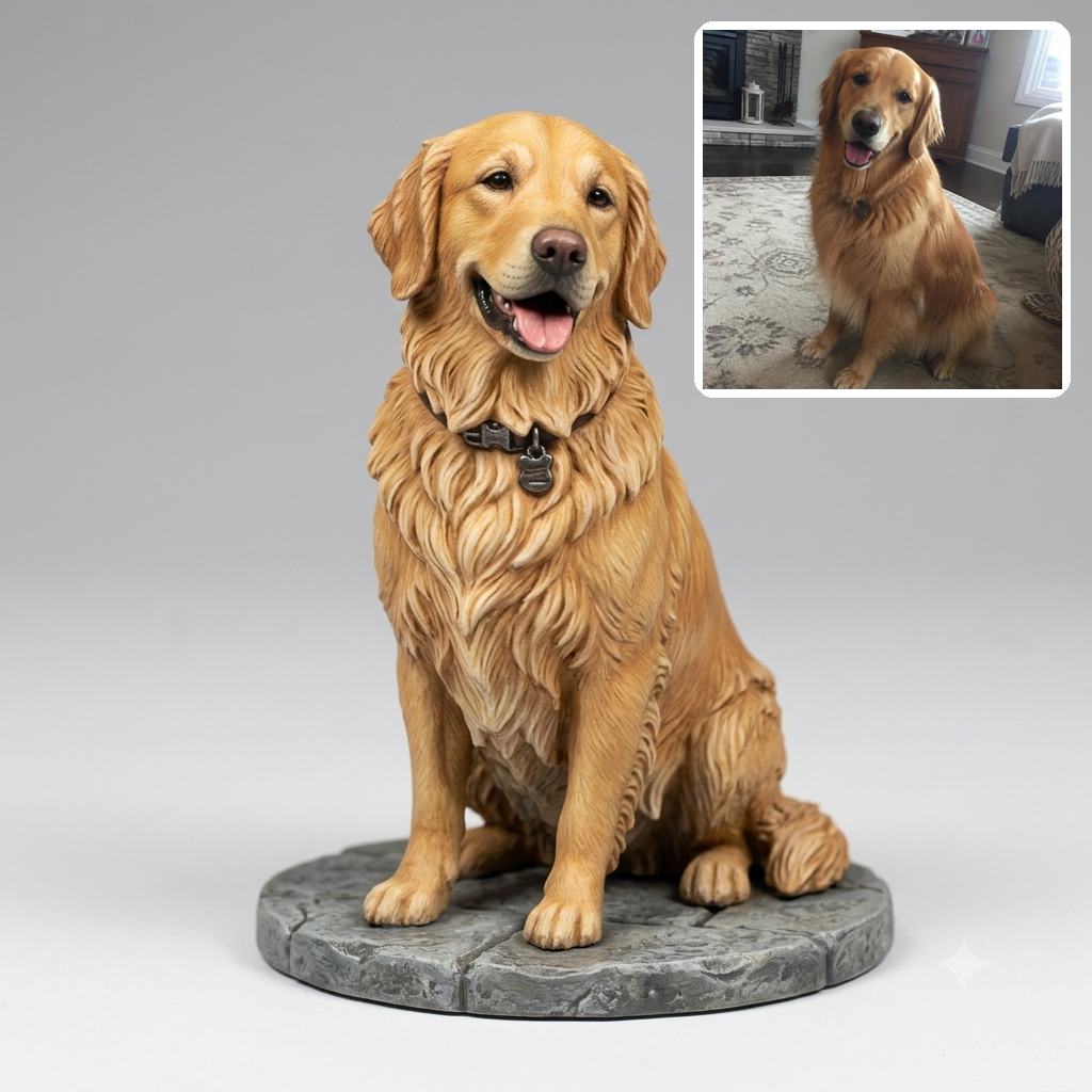 Statuetta del cane modellata a mano accanto alla foto originale del cliente