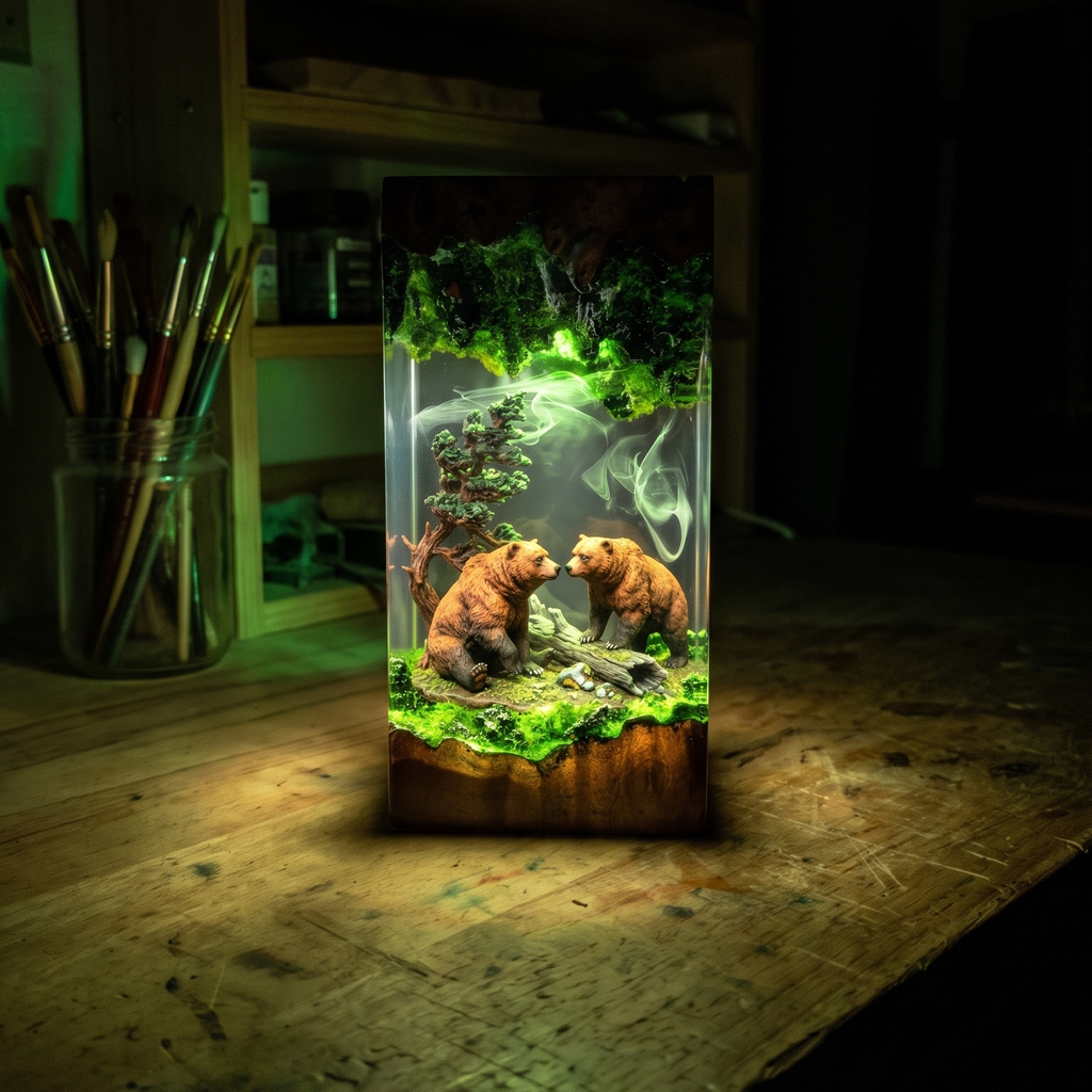 La lampada finita, illuminata sul tavolo di lavoro